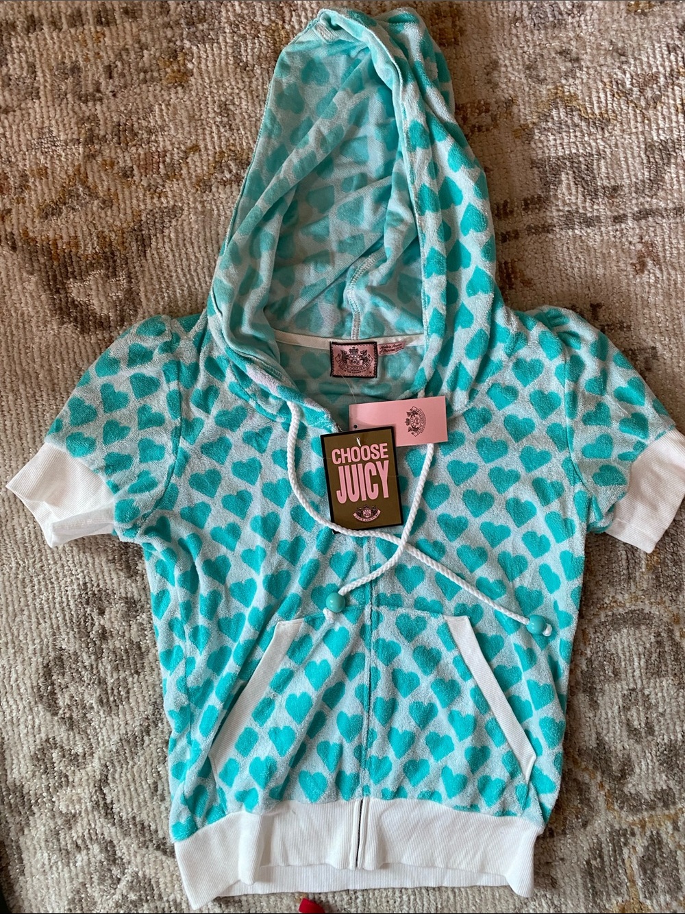 Juicy Couture Aqua Heart Hooded Short Sleeve Sweatshirt